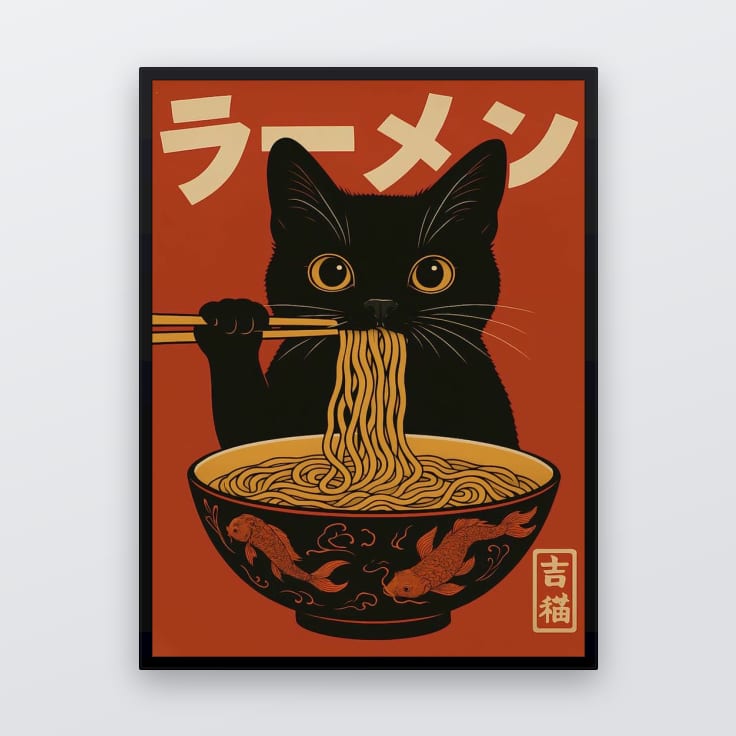 Vintage Cat Eating Ramen